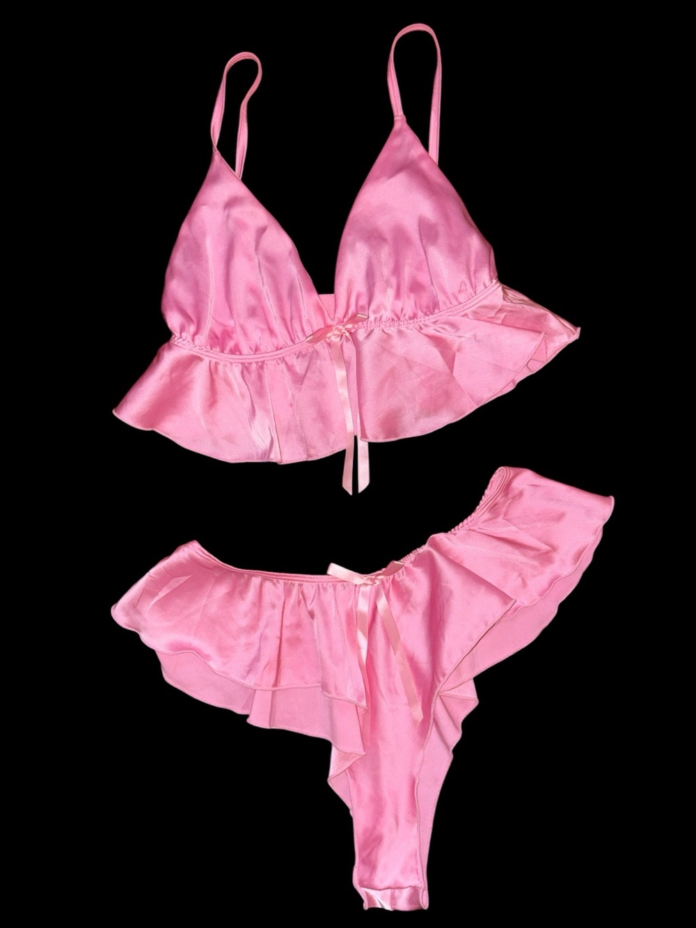 Pink Satin Ruffle Bralette & Thong Shorts Lingerie Set - Women Intimates